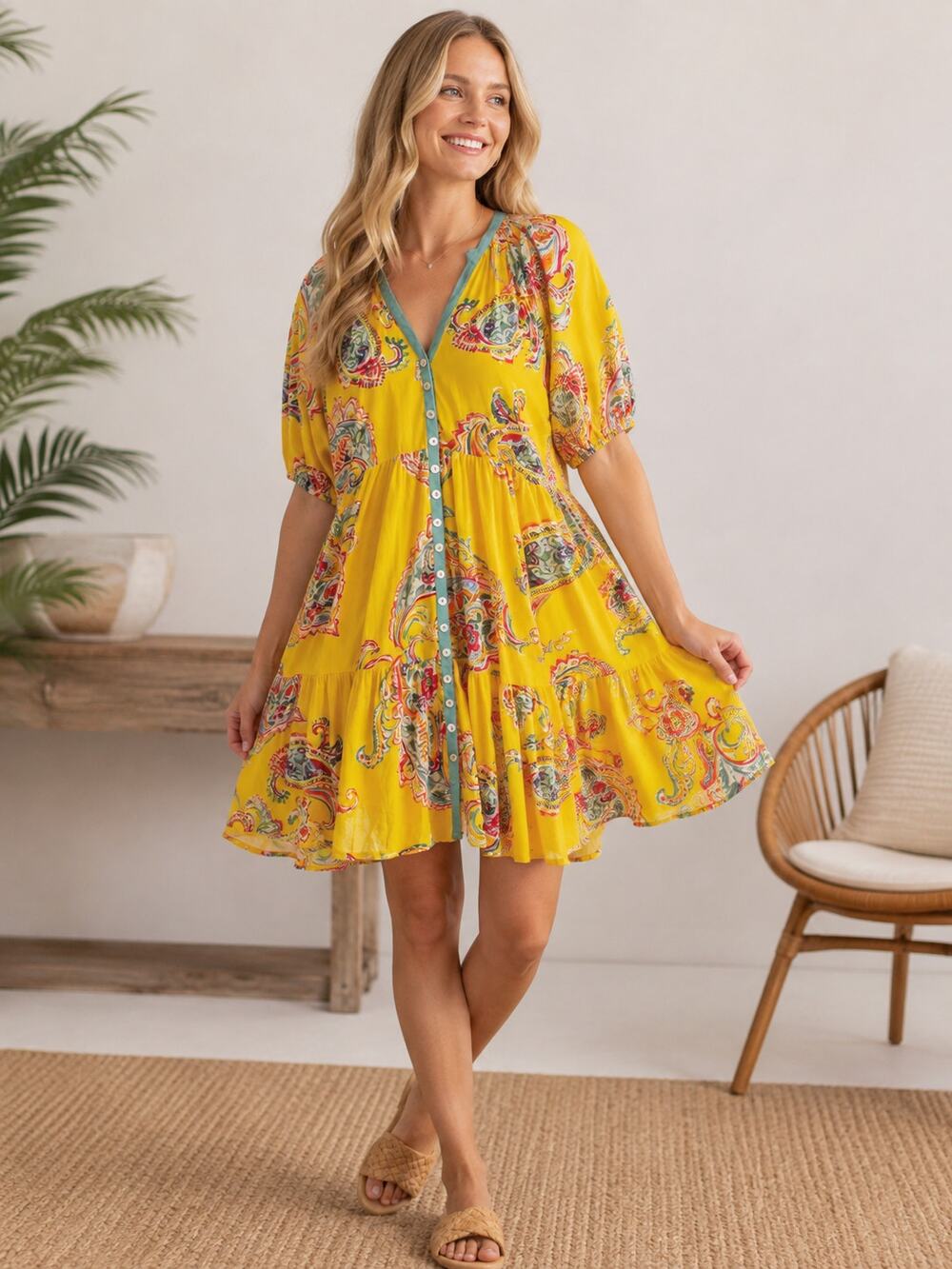 Love Kyla SZ M Handmade Pilar Yellow Paisley Floral Dress 100% Cotton V-Neck
